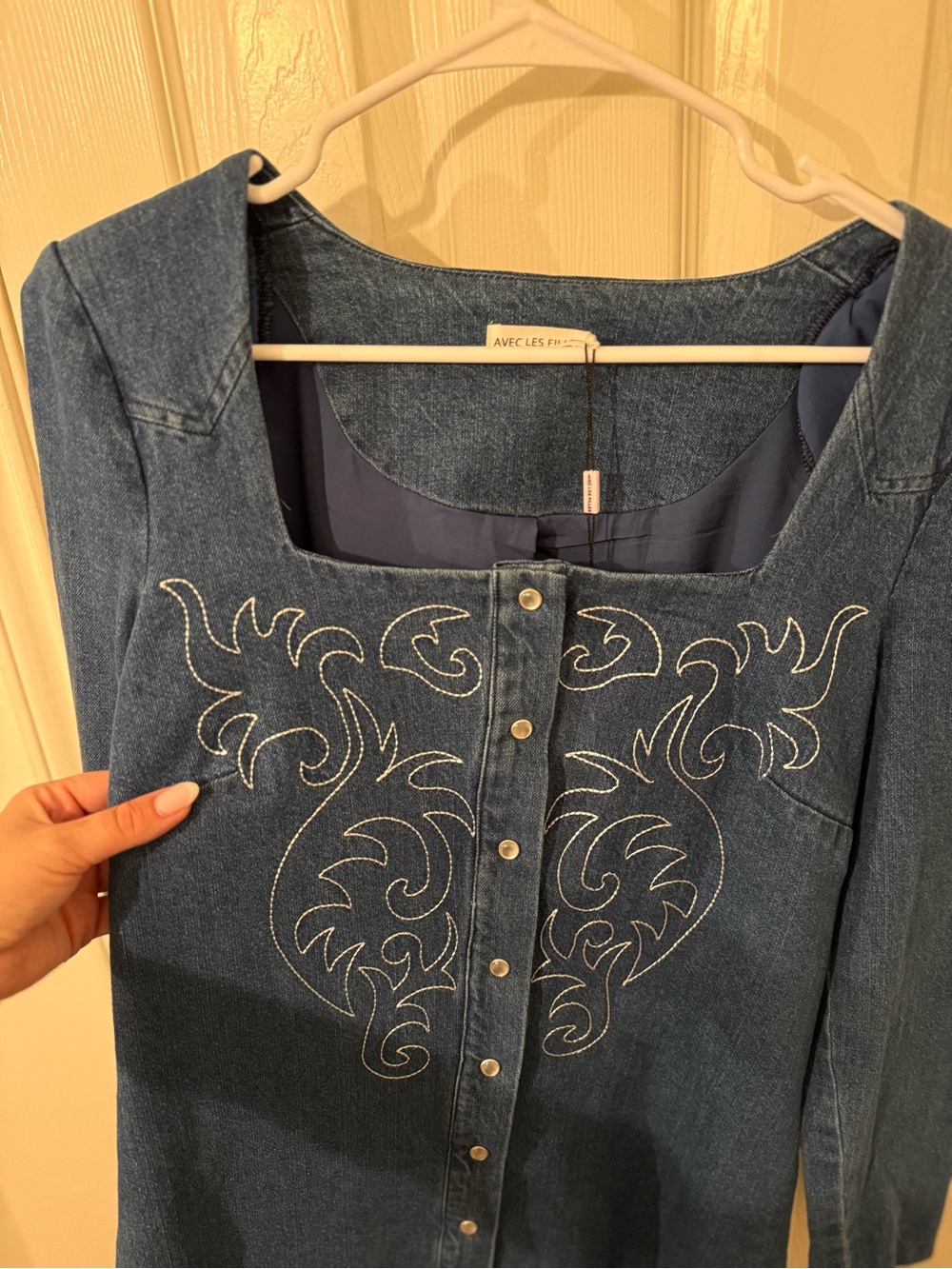 Embroidered Dark Blue Denim Button-Front Tunic Dress - Picture 2 of 3